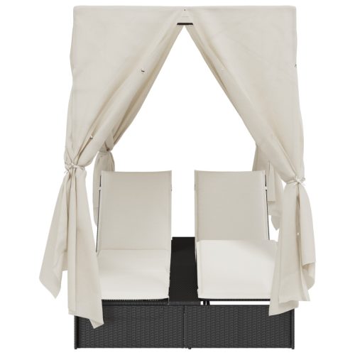  Kétrészes Napágy Tetővel és Függönyökkel Fekete Poli Rattán