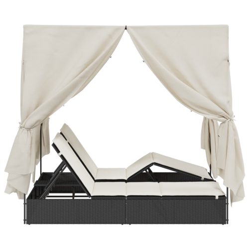  Kétrészes Napágy Tetővel és Függönyökkel Fekete Poli Rattán