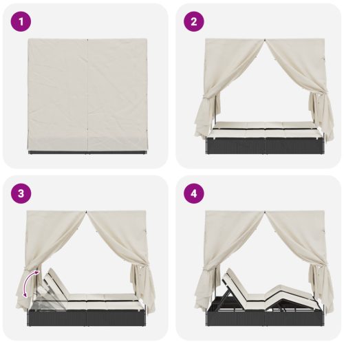  Kétrészes Napágy Tetővel és Függönyökkel Fekete Poli Rattán