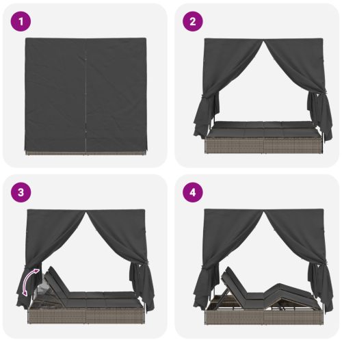  Dupla Napágy Tetővel és Függönyökkel Szürke Polirattan