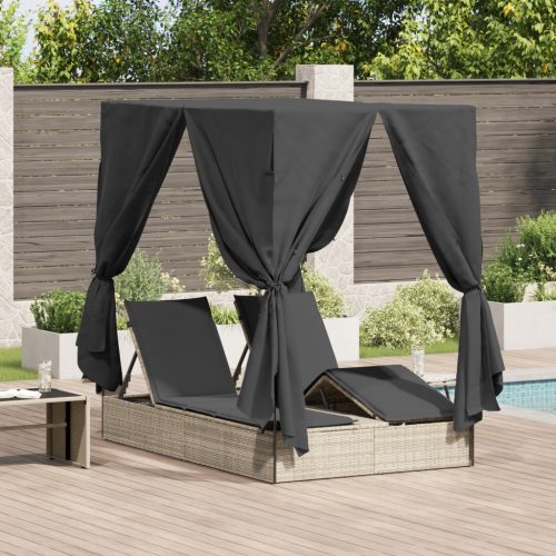  Dupla Napágy Tetővel és Függönyökkel Világosszürke Poli Rattan