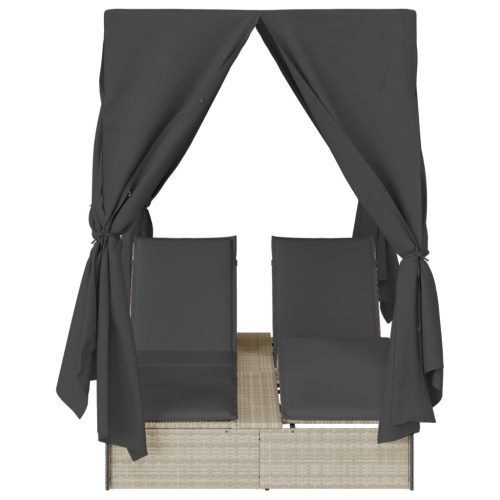  Dupla Napágy Tetővel és Függönyökkel Világosszürke Poli Rattan