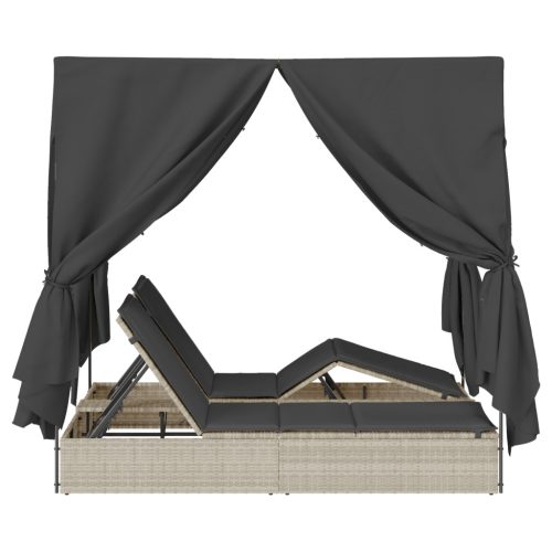  Dupla Napágy Tetővel és Függönyökkel Világosszürke Poli Rattan