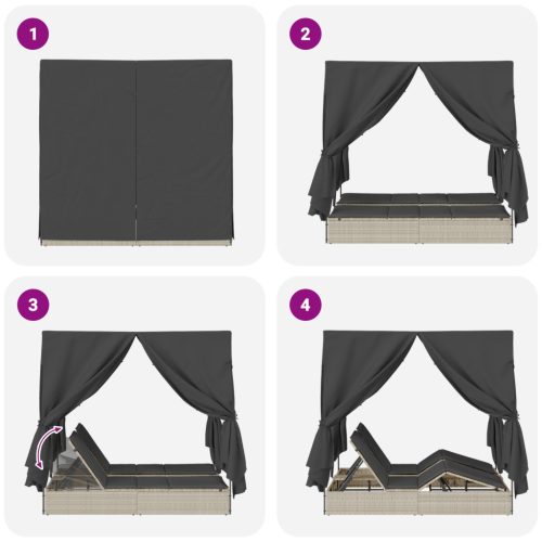  Dupla Napágy Tetővel és Függönyökkel Világosszürke Poli Rattan