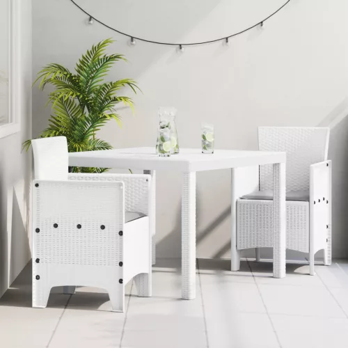  3 Részes Kerti Étkező Szett párnákkal Fehér Műanyag Rattan