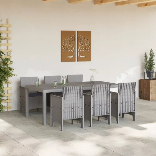  7 Fős Kerti Étkezőszett Párnákkal Világosszürke Polyrattan