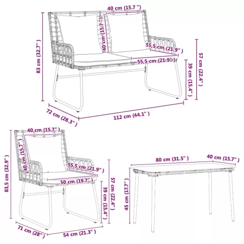 Kerti Bútor Szett párnával 4 pcs Fekete, Antracitszürke