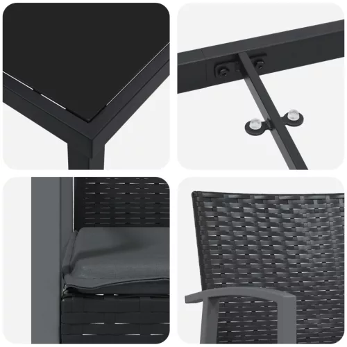  3 részes kerti étkező szett párnákkal - Fekete polirattan