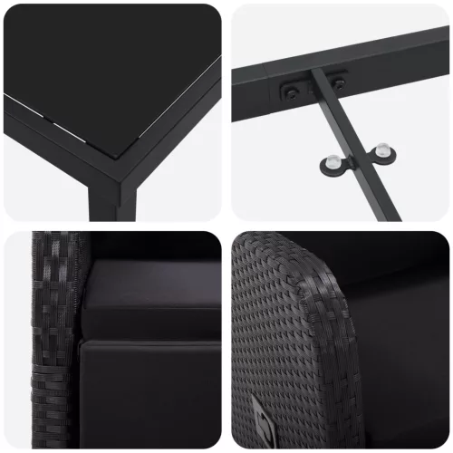  3 részes kerti étkező szett párnákkal fekete poly rattan