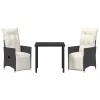  3 Részes Kerti Étkezőszett Párnákkal Fekete Poli Rattan