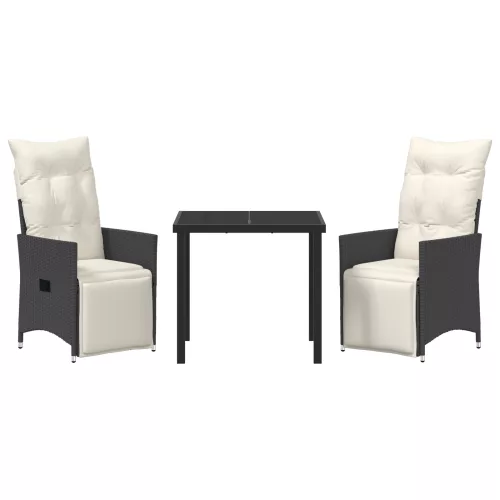  3 Részes Kerti Étkezőszett Párnákkal Fekete Poli Rattan