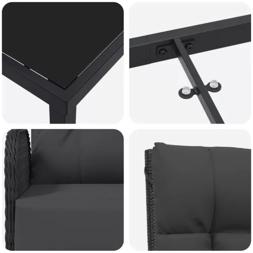  3 Részes Kerti Étkező Készlet Párnákkal Fekete Poli Rattan