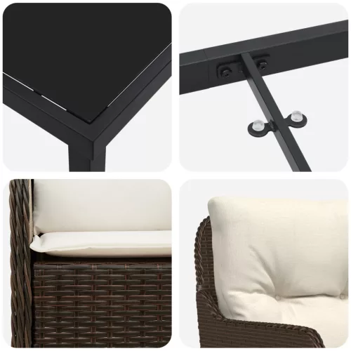  3 darabos Kerti Étkező Készlet Párnákkal Barna Polirattan