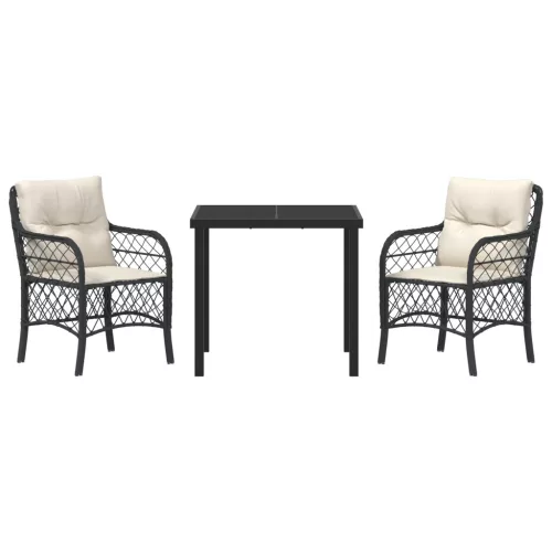 3 Részes Kerti Étkező Szett Párnákkal Fekete Poly Rattan
