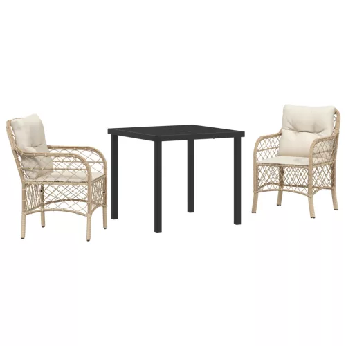  3 Darabos Kerti Étkezőgarnitúra Párnákkal Bézs Poli Rattan