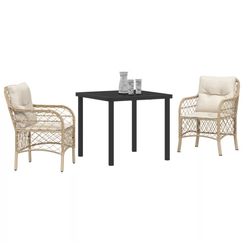  3 Darabos Kerti Étkezőgarnitúra Párnákkal Bézs Poli Rattan