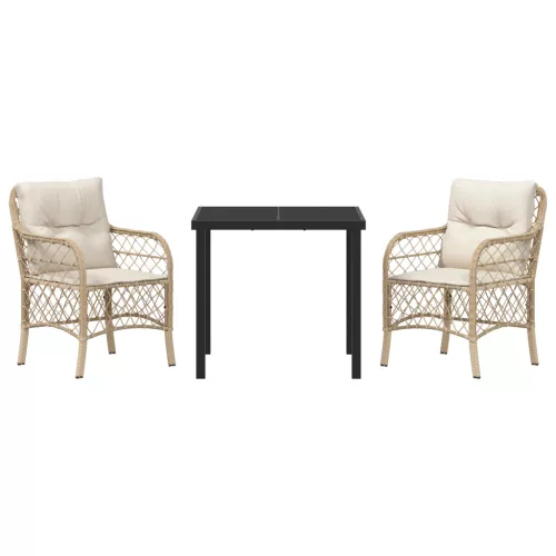  3 Darabos Kerti Étkezőgarnitúra Párnákkal Bézs Poli Rattan