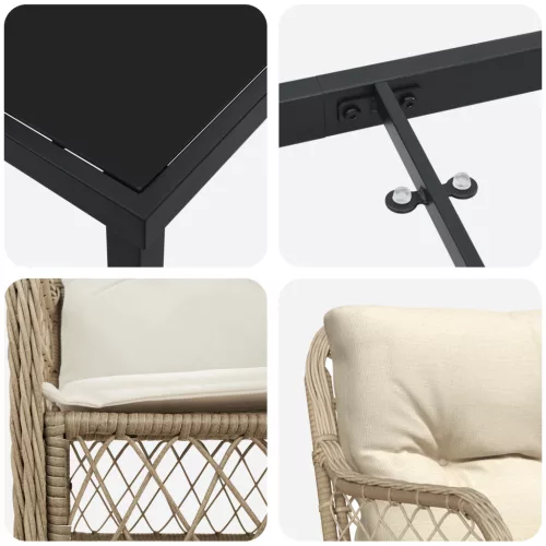  3 Darabos Kerti Étkezőgarnitúra Párnákkal Bézs Poli Rattan