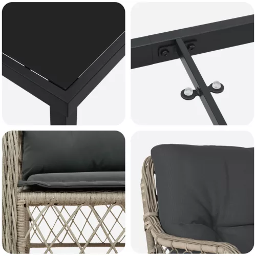  3 Darabos Kerti Étkező Szett Párnákkal Világosszürke Poli Rattan