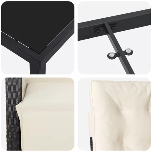  5 Részes Kerti Étkező Készlet Párnákkal Fekete Poli Rattan