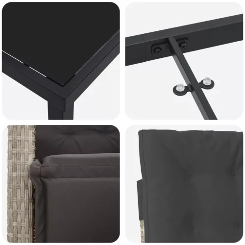  3 Darabos Kerti Étkező Szett Párnákkal Világosszürke Poli Rattan