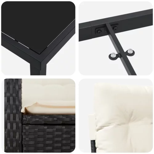  3 Darabos Kerti Étkező Készlet Párnákkal, Fekete Polirattan