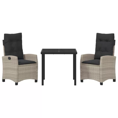  3 Részes Kerti Étkező Szett Párnákkal - Világosszürke Polirattan