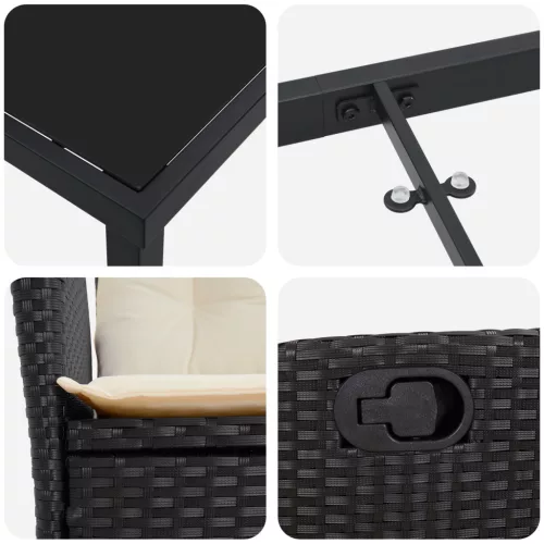  5 Részes Kerti Étkezősor Párnákkal Fekete Poli Rattan