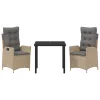  3 Részes Kerti Étkező Szett Párnákkal Bézs Polirattan