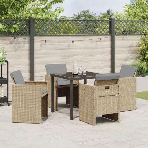  5 Részes Kert Étkezőgarnitúra Párnákkal Bézs Poli Rattan