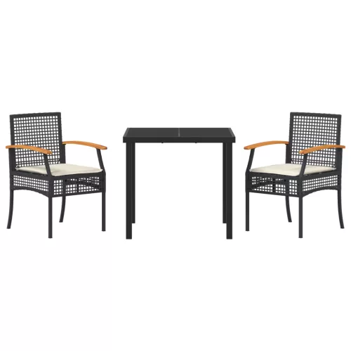  3 Részes Kerti Étkezési Szett Párnákkal Fekete Polirattan