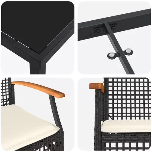  3 Részes Kerti Étkezési Szett Párnákkal Fekete Polirattan