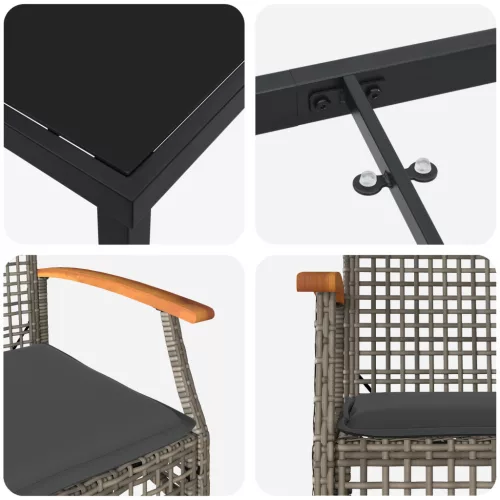  3 darabos kerti étkező szett párnákkal, szürke polirattan