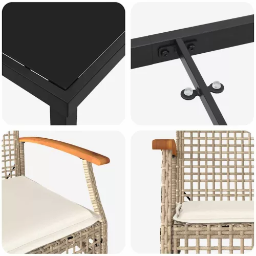  Kert étkező szett párnával 5 pcs Beige és fekete Rattan