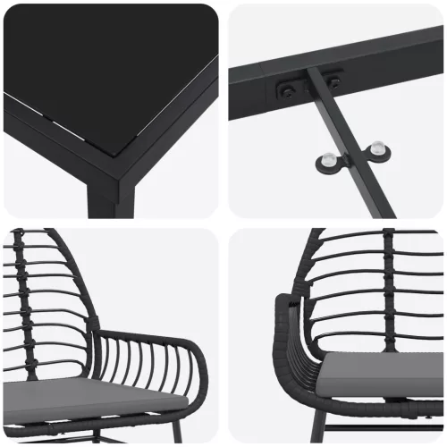  3 részes kerti étkező szett párnákkal Fekete poli rattan