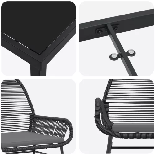  3 Darabos Kerti Étkező Szett Párnákkal Fekete Poli Rattan