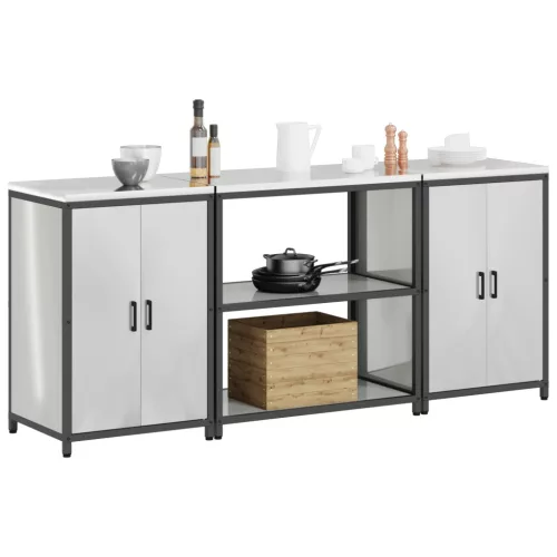  Konyhai Tároló Készlet polcokkal tárolóval ajtóval 3 pcs Ezüst 210 x 50 x 92 cm