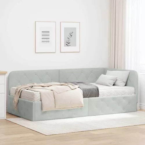  Sarokágy keret matracmal Világosszürke 100 x 200 cm Bársony