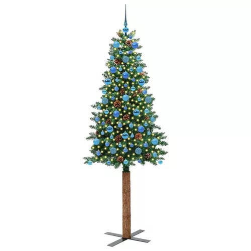  Karcsú karácsonyfa 300 LED-del Zöld 210 cm PVC és tömör fenyőfa