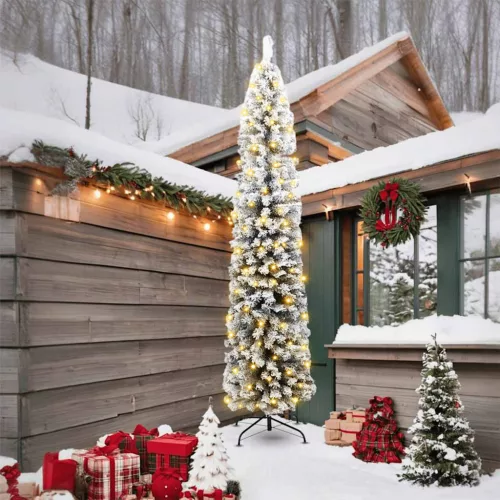  Vékony karácsonyfa 300 LED-del és havazott zöld 240 cm