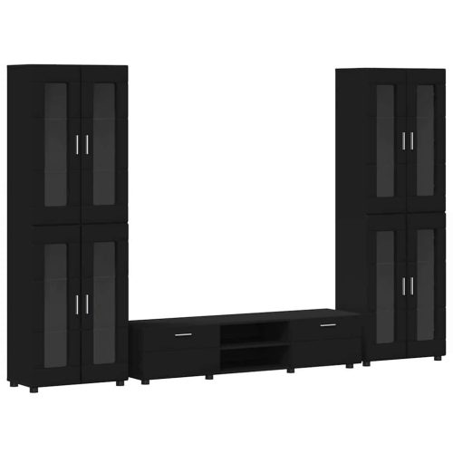  TV szekrény garnitúra fiókkal polcokkal ajtóval Fekete Faanyag