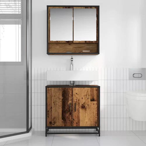  Fürdőszoba bútor szett polcokkal ajtóval 2 pcs Öreg fa Faanyag