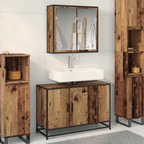  Fürdőszoba bútor szett polcokkal ajtóval 2 pcs Öreg fa Faanyag