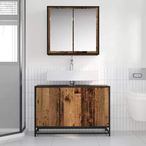  Fürdőszoba bútor szett polcokkal ajtóval 2 pcs Öreg fa Faanyag