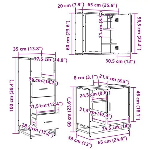  Fürdőszoba bútor szett fiókkal 3 pcs Fekete tölgy Faanyag