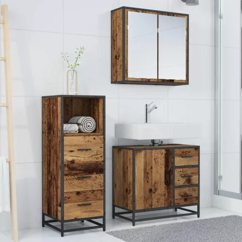  Fürdőszoba bútor szett fiókkal polcokkal 3 pcs Öreg fa Faanyag