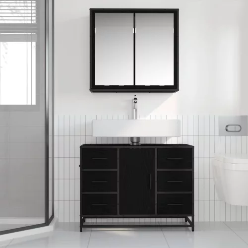  Fürdőszoba bútor szett fiókkal 2 pcs Fekete tölgy Faanyag