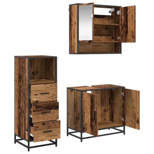  Fürdőszoba bútor szett fiókkal polcokkal 3 pcs Öreg fa Faanyag