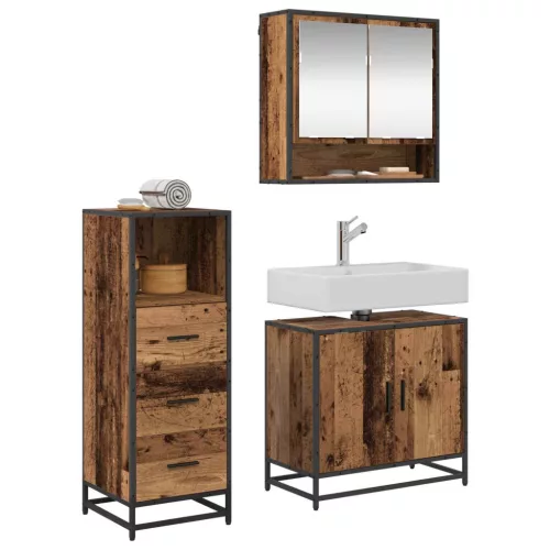  Fürdőszoba bútor szett fiókkal polcokkal 3 pcs Öreg fa Faanyag