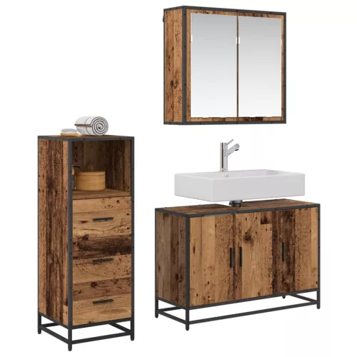  Fürdőszoba bútor szett fiókkal polcokkal 3 pcs Öreg fa Faanyag